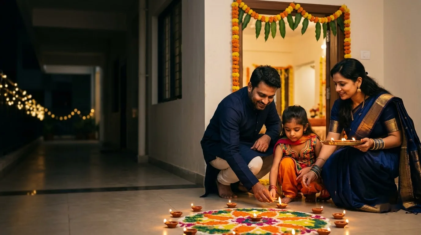 A family lighting diyas at the doorstep of their new home on Diwali evening