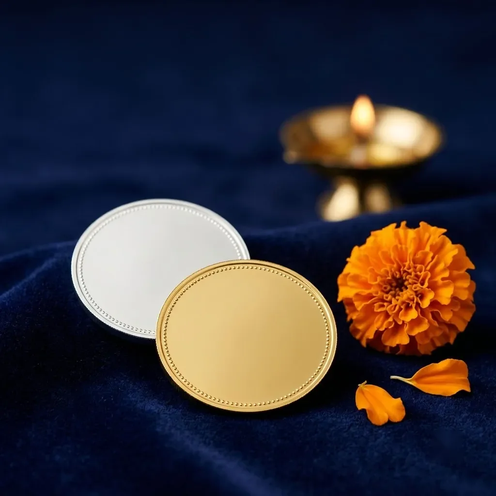 A 999 purity silver coin and a 24K gold coin on navy velvet beside a lit diya