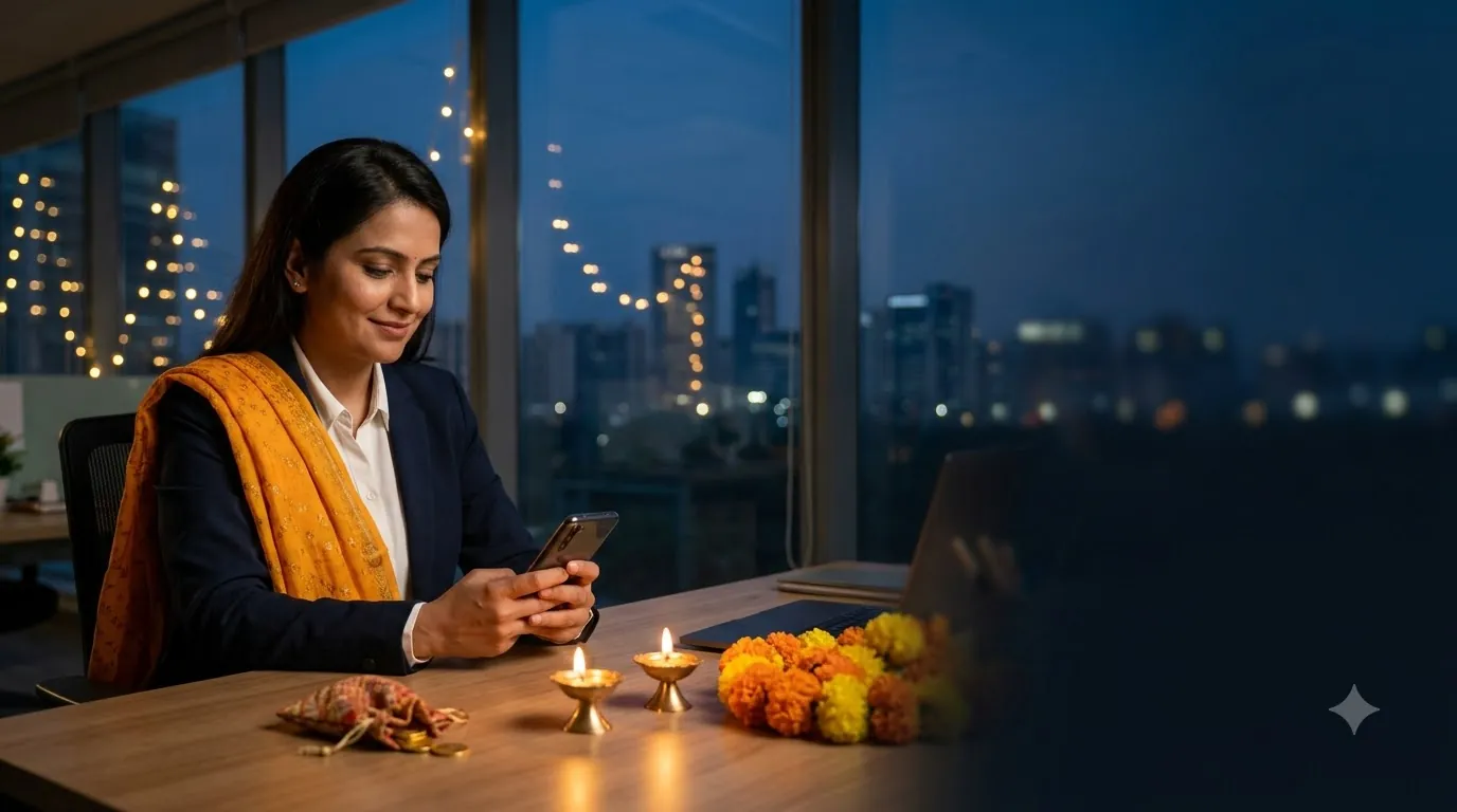 A salaried professional in a navy blazer and marigold dupatta smiles at her phone at an office desk lit by two diyas, marigold flowers beside her.