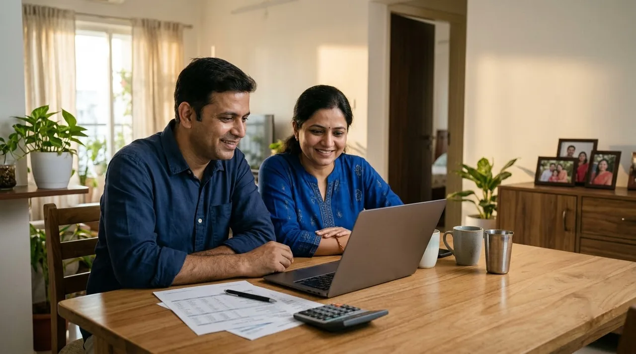 A couple reviewing their lower EMI at home